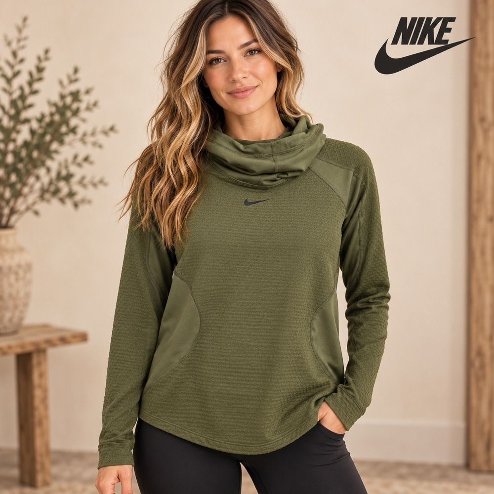 Nike Pro Hyperwarm Olive Green Cowl Neck Hoodie Thermal Running Top Size Large